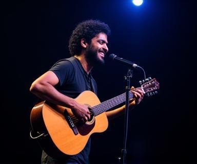 Musician Aarav Sharma performing with his guitar
