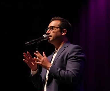 Comedian Rohan Mehta performing on stage